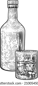 A drink cocktail in a glass with ice accompanied by a bottle in a vintage woodcut engraved or etched style