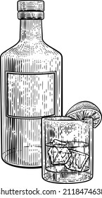 A drink cocktail in a glass with ice and lemon or lime accompanied by a bottle in a vintage woodcut engraved or etched style