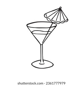 Drink in the cocktail glass with mini umbrella decoration hand drawn outline cartoonish illustration. Simple blue tropical liquid juicy or alcoholic in transparent cup with contour line pen drawing