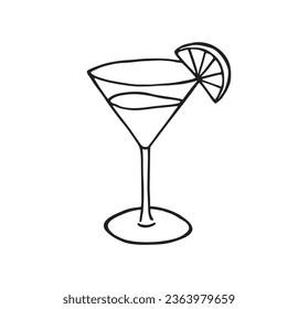 Drink in the cocktail glass with orange decoration hand drawn outline cartoonish illustration. Simple tropical alcoholic or juicy liquid in transparent cup with citrus fruit contour pen drawing symbol