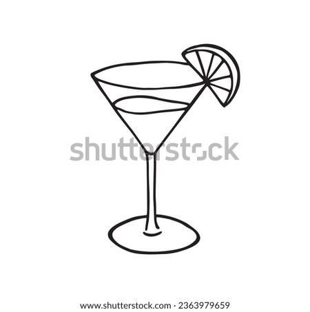 Drink in the cocktail glass with orange decoration hand drawn outline cartoonish illustration. Simple tropical alcoholic or juicy liquid in transparent cup with citrus fruit contour pen drawing symbol