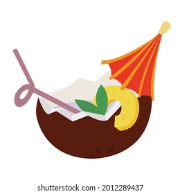 Drink. Coconut cocktail with paper umbrella and plastic straw, decorated with pineapple ring. Vector stock illustration.