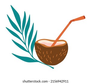 Drink in coconut. Exotic Cocktails with Straw and tropical leaves Poured in Coconut Fruit. Refreshing summer drink. For menu, web and graphic design. Vector illustration isolated on white background