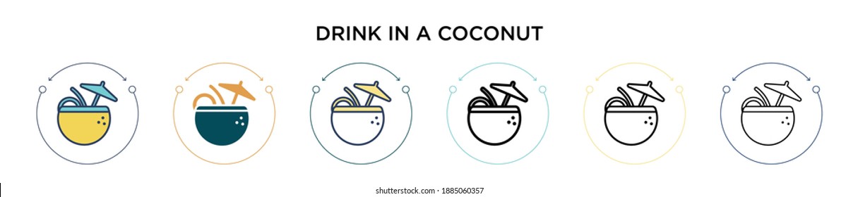 Drink in a coconut icon in filled, thin line, outline and stroke style. Vector illustration of two colored and black drink in a coconut vector icons designs can be used for mobile, ui, web