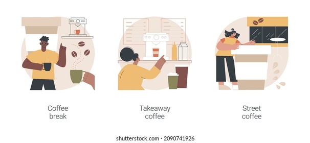 Drink coffee abstract concept vector illustration set. Coffee break, takeaway hot drink, street cappuccino culture, energizing caffeine dose, vending machine, paper cup abstract metaphor.
