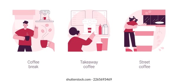 Drink coffee abstract concept vector illustration set. Coffee break, takeaway hot drink, street cappuccino culture, energizing caffeine dose, vending machine, paper cup abstract metaphor.