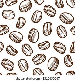 Drink Coffee Beans Sketch Seamless Pattern Energetic Hot Beverage Ingredient Vector Organic Product Endless Texture Espresso Or Americano Latte And Mocha Cappuccino Brewing Or Preparing Fragrance.