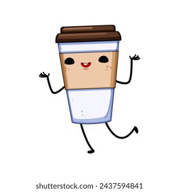 drink coffee cup character cartoon. vintage mascot, breakfast sticker, poster manga drink coffee cup character sign. isolated symbol vector illustration