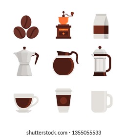 Drink - Coffee - Flat Vector Icon Set - Coffee Beans, Coffee Grinder, Coffee Package, Moka Pot, Kettle, French Press, Cup and Mug Isolated on White Background