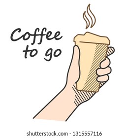 Drink coffee with friends. Vector illustration. Brew, cappuccino, espresso, beans. Human hand holding a cup of hot coffee. Flat style.
