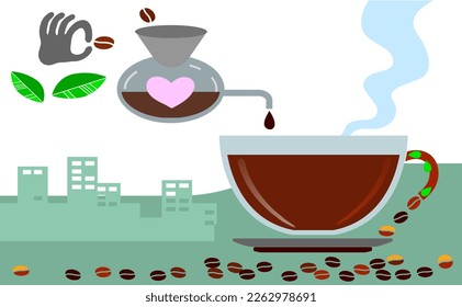 Drink coffee with friends vector illustration. cappuccino, espresso, Have a break and human hands with a cup os hot coffee. Flat retro style. Enjoy coffee your free time 