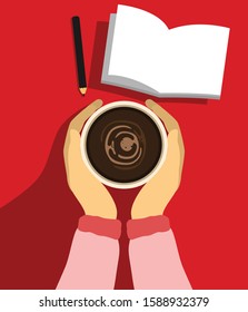 Drink coffee and reading book top view minimalist illustration