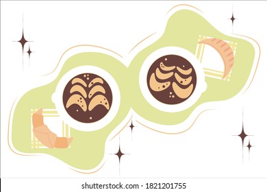 Beba café juntos. Dos tazas de café capuchino, bollos de cruasán sobre fondo decorativo. Ilustración vectorial para redes sociales, diseño de menús, textiles.