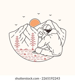 Drink Coffee While Enjoying Nature Landscape Monoline Design Illustration for Apparel