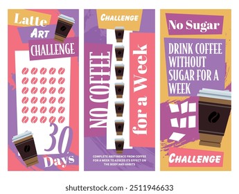 Drink coffee without sugar challenge card for collect stamp sticker design template set vector flat illustration. No caffeine beverage in week and month habit checking control flyer tracker coupon