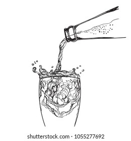 Drink, cola, water, lemonade or wine pouring from a bottle into glass. Hand drawn vector illustration, isolated on white.