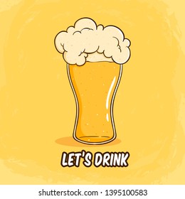 Drink cold beer full of foam with colored hand drawn style on yellow background