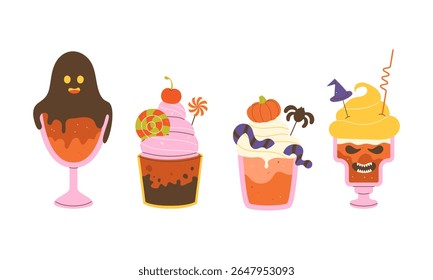 Drink collection. Flat vector illustration of playful Halloween cocktails with whipped cream, festival
