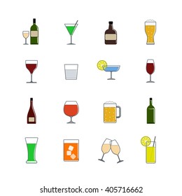 Drink color icon set in flat design style | Alcohol drinks   cocktails vector icons isolated white