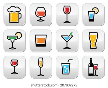 Drink colorful alcohol beverage buttons set