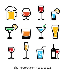 Drink colorful alcohol beverage icons set