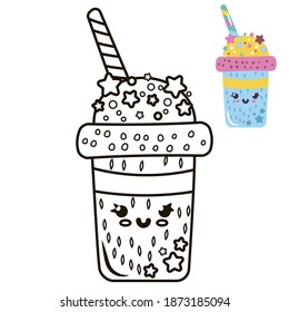 Drink coloring page. Kids activity game. Monochrome object and color icon on the white background