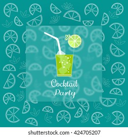 Drink concept. Cocktail Party Invitation Poster. Green fresh liquor concept. Cocktails menu. Lime, ice cubes, mint in glass. Refreshing beverage, cool drink. Vintage style. Vector illustration.