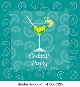 Drink concept. Cocktail Party Invitation Poster. Green fresh liquor margarita. Cosmopolitan cocktails design idea. Refreshing lemon beverage, citrus cool drink. Vintage style. Vector illustration