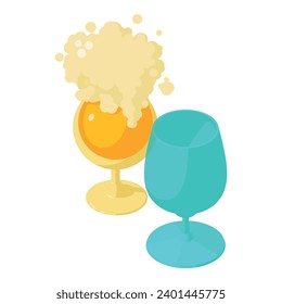 Drink concept icon isometric vector. Glass of foamy beer near empty wine glass. Alcoholic drink, bar, cafe