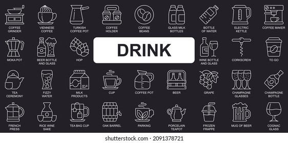 Drink concept simple line icons set. Bundle of coffee, turkish pot, beans, milk, wine, tea ceremony, beer, champagne, cognac and other. Vector pack outline symbols for website or mobile app design