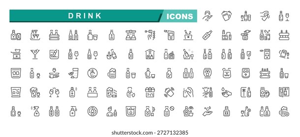 Conjunto de iconos de línea simple de concepto de bebida. Paquete de vino, bebidas alcohólicas, cerveza, champán y otros. Trazo Editable. Iconos de contorno.