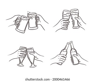 Drink craft beer with a friend from a bottle, glass, tankard. Two hands clink glasses with low alcohol drinks in doodle style. Vector sketch illustration isolated on white background.