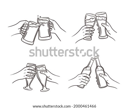 Drink craft beer with a friend from a bottle, glass, tankard. Two hands clink glasses with low alcohol drinks in doodle style. Vector sketch illustration isolated on white background.