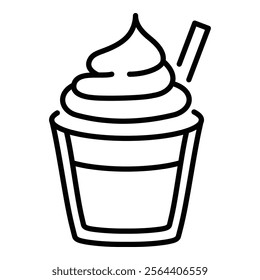 A drink with a creamy topping and a straw, such as a milkshake, smoothie, or frappé round line vector icon with editable stroke 