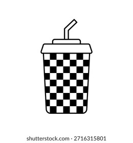 Trinkbecher-Symbol mit Schachbrettmuster einzeln auf weißem Hintergrund, flaches dekoratives Getränkesymbol für Café-Branding, Verpackungsdesign, modernen Stil und kreative Getränkekonzepte.