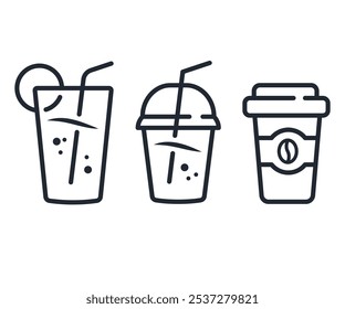 Copo de bebida ícone conjunto de linhas, Café e smoothie, suco Conjunto de copos de papel e plástico, ilustração de stock