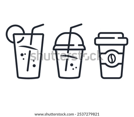 Drink Cup icon line set, Coffee and smoothie, juice Set of paper and plastic cups, stock illustration