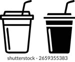 Drink Cup Icon Set – Black and White Beverage Symbol with Straw for Cafe, Soda, and Takeaway