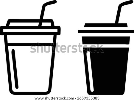 Drink Cup Icon Set – Black and White Beverage Symbol with Straw for Cafe, Soda, and Takeaway