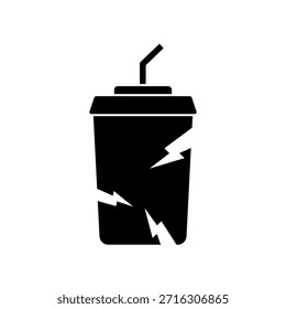 Tassensymbol mit sichtbarem Risseffekt, einzeln auf weißem Hintergrund, flache Grafik für beschädigten Behälter, zerbrechliches Element, Warnzeichen und Produktdefektkonzepte.