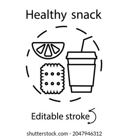 Drink cup with snack outline icon. School meal concept. Customizable linear contour symbol. Editable stroke. Isolated vector stock illustration