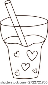 Taza de la bebida con la paja y el patrón del corazón en arte de línea limpia, contorno audaz, y Formas claras. Símbolo de amor, refrigerio, celebración y romance para la marca de bebidas. Ilustración vectorial de dibujos animados.