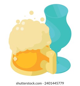 Vector isométrico del icono de la estación de bebidas. Gran jarra de cerveza de espuma de vidrio y vaso de vino. Producción de alcohol, degustación