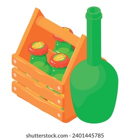 Drink delivery icon isometric vector. Beer wooden box near opened wine bottle. Beverage delivery, service