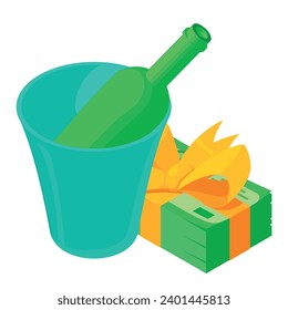 Drink delivery icon isometric vector. Champagne bottle in bucket and dollar bill. Production, trade, drink delivery