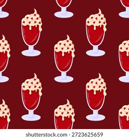 Trinken Sie mit Dessert nahtlose Muster mit cremigen Topping und rotem Herz in flachem Stil. Hintergrunddesign für Valentinstag, Feier, Romantik und festliche Essensgrafik.