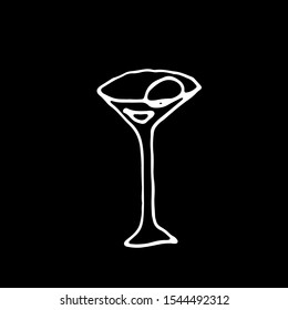 Drink dishes martini glass. Chalkboard hand drawn illustration. White vector icon isolated on black.
