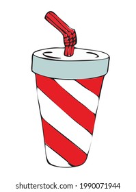 Beba en una taza de papel desechable con una tapa de pasta y una paja de cóctel. El vidrio está pintado con una franja diagonal roja y blanca. Ilustración de material vectorial.