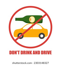 Don’t drink and drive concept vector illustration. Car and beer bottle inside prohibition sign in flat design on white background.