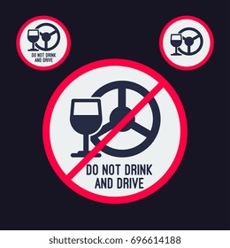 Drink and drive sign design, wine glass and car wheel icons on a round shape, vector pictogram. Isolated illustration. Design for stickers, logo, web and mobile app.